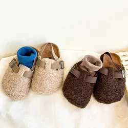 Children's Fleece Elastic Clogs Baby Boys Girls Plush Slipper Toddler Prewalker Footwear Winter Warm Soft Sole Shoes