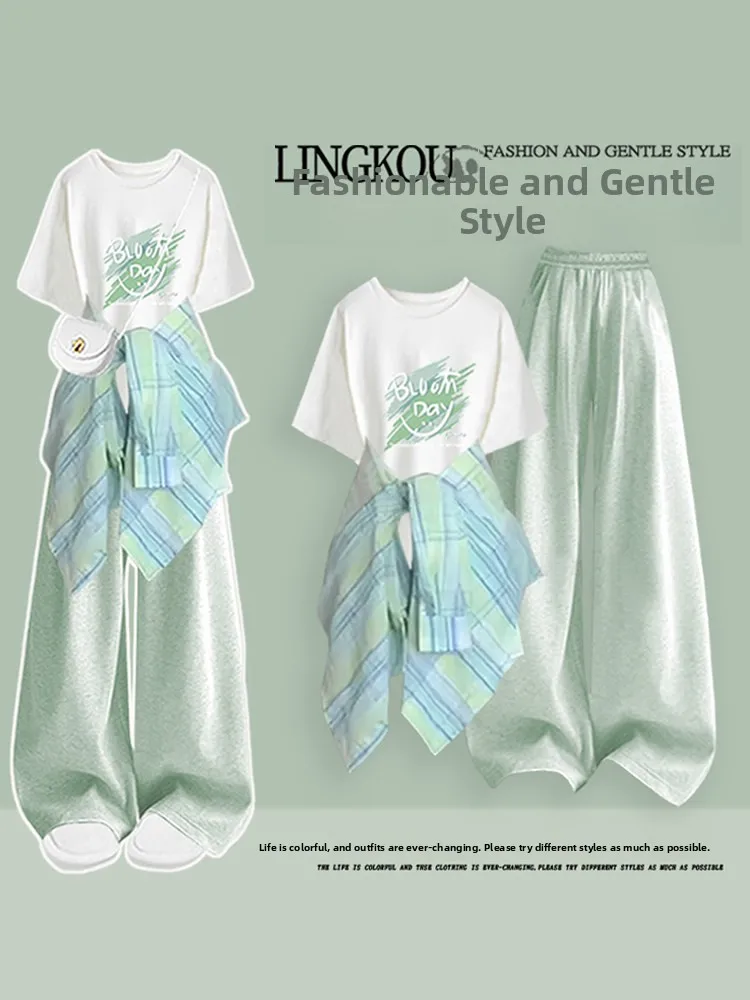 

plus Size Spring Summer Dopaamine Set Women's Color Block Plaid Shirt Print T-Shirt Slim Wide Leg Pants Three Piece Set