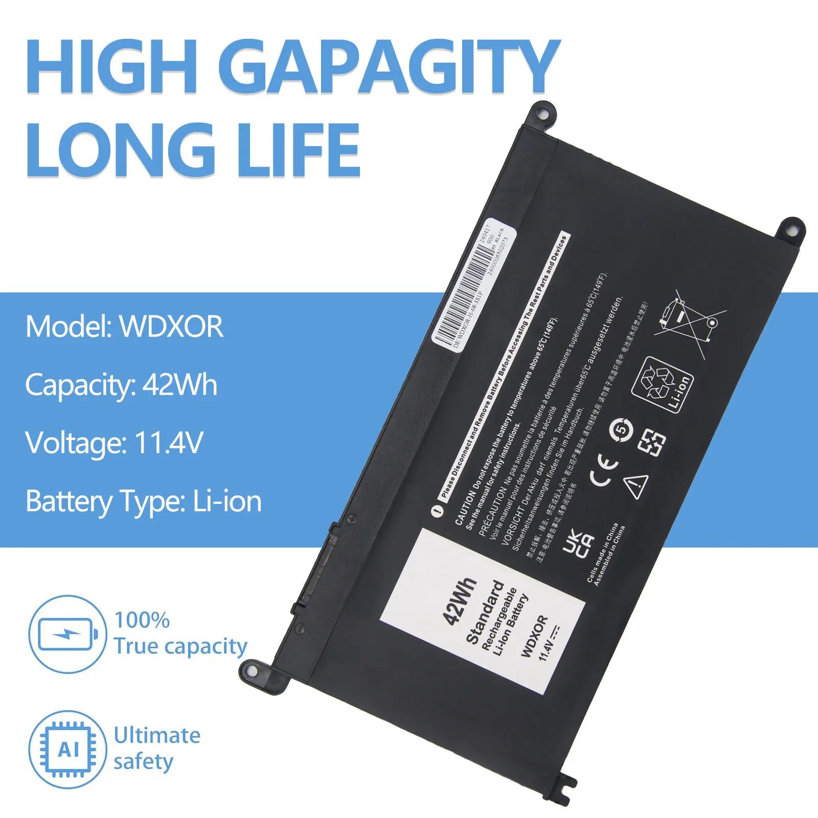 WDX0R Laptop-Akku für DELL WDXOR 11,4V 42Wh Kompatibel mit Dell Inspiron 13 7368 7378 15 5565 5567 5568 5578 – Detail 1