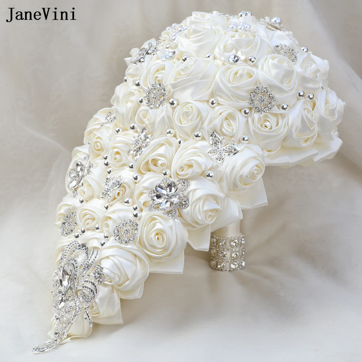 

JaneVini Elegant Ivory Waterfall Bridal Bouquets Bling Silver Crystals Artificial Satin Roses Cascading Wedding Bouquet Flowers