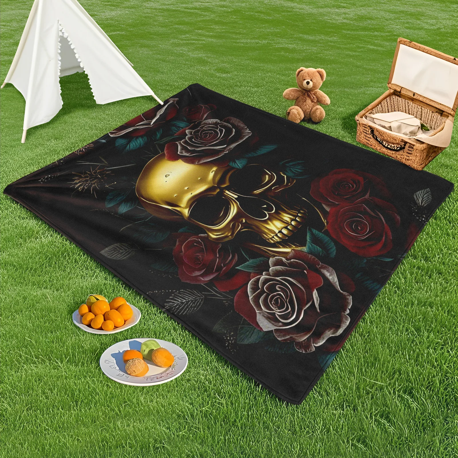 

Skull Red Rose Vintage Gold Outdoor Blanket For Timeless Elegance And Luxurious