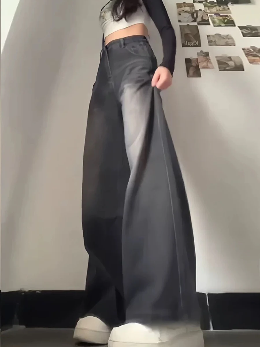 Dżinsy plus size z wysokim stanem, proste nogawki, damskie, wiosenno-jesienne, luźny krój, casualowe, szerokie nogawki, długość do podłogi.