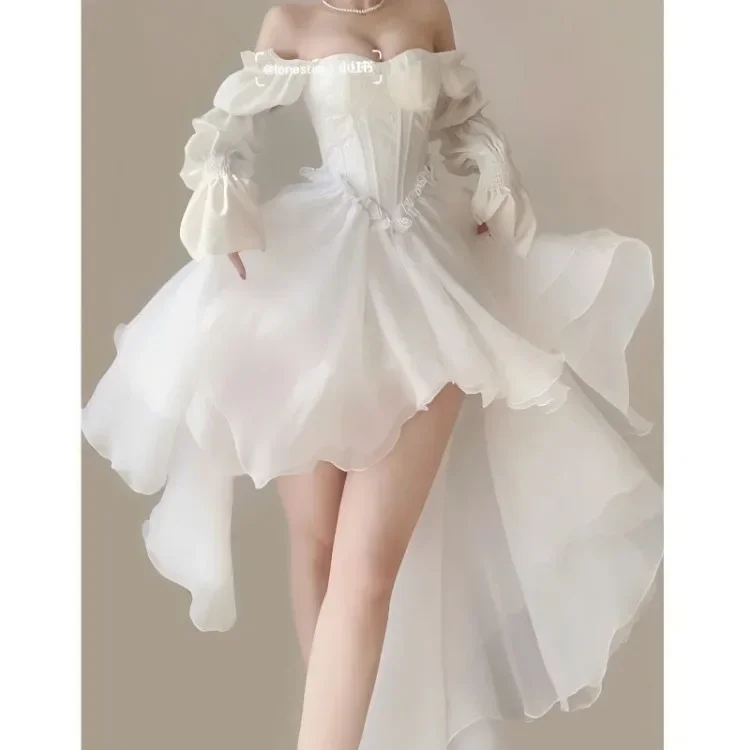 Elegant Sweet One Shoulder Dresses Summer Fashion New Long Sleeve Dress for Women Y2k Slim Waist White Vestidos De Mujer - Image 4