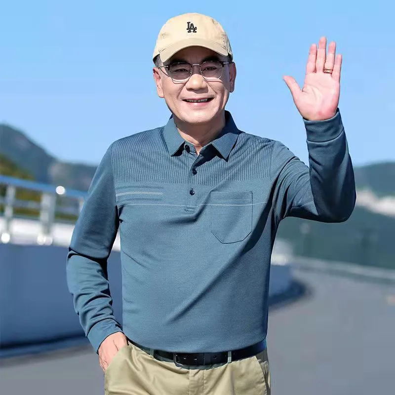 

Spring Autumn Thin Long Sleeve Collared Shirt for Middle-Aged And Elderly Men Big Size Base Shirt Cleanfit Polyester Fiber