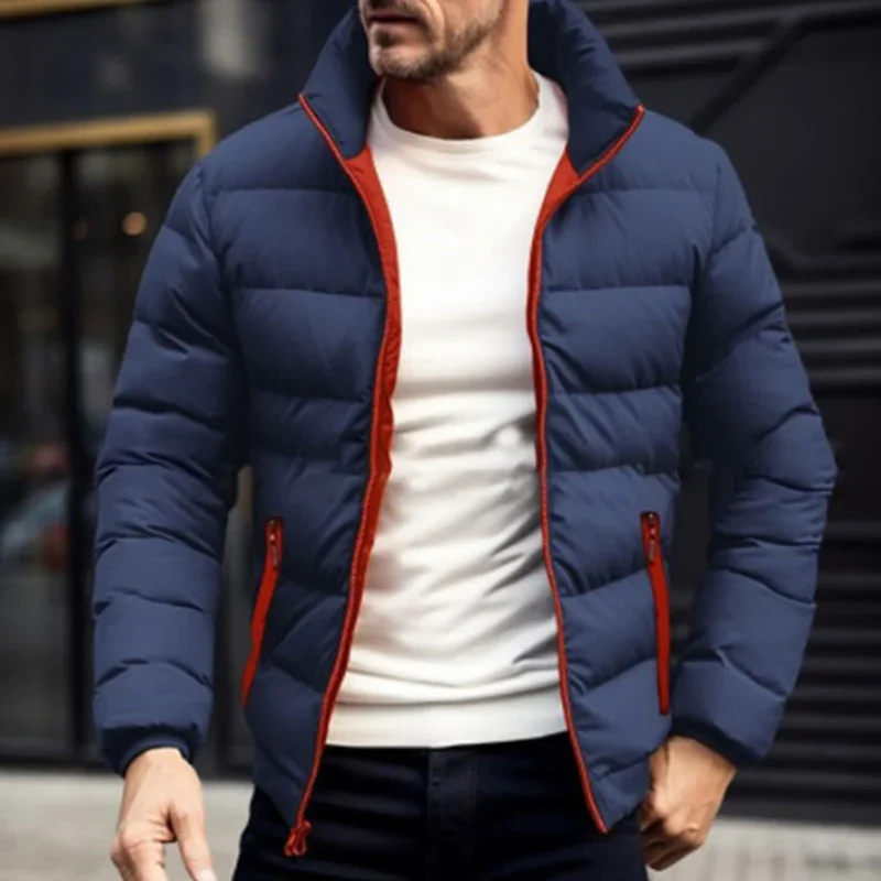 Autumn Winter Warm Down Jacket Men Casual Solid Color Long Sleeve Zipper Stand Collar Cotton Padded Coats Mens Fashion Outerwear