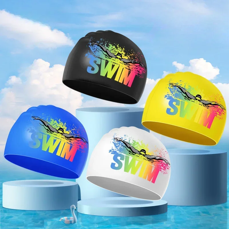 Silicone Swimming Caps for Men Women Large Size Long Hair Ear Protection Swim Caps Printed Adult Swimming Caps Pool Accessories