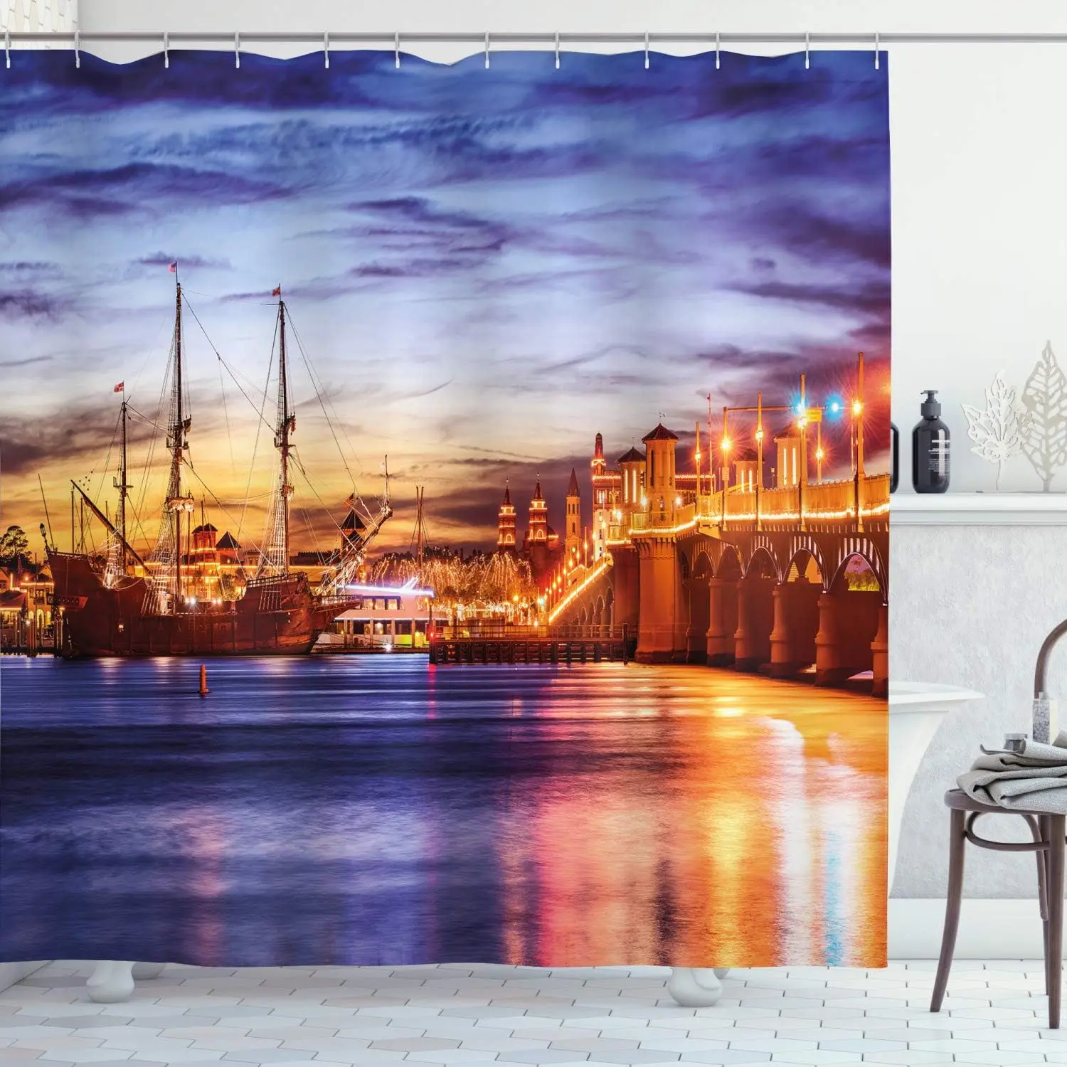 

St Augustine Harbor Night View Shower Curtain with Historic Ship Bridge and City Lights Scenic Florida Landscape for Bathroom