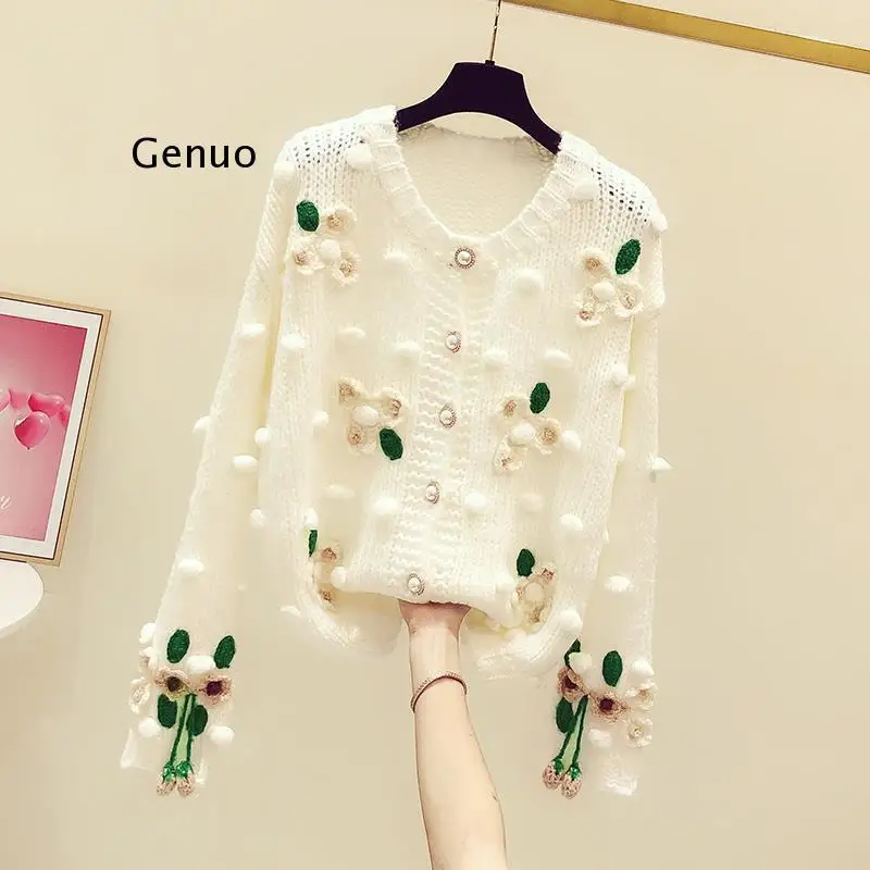 

Handmade Embroidered Cardigans Knit Wear Sweet Long Sleeve Short Winter V-Neck Sweaters for Women