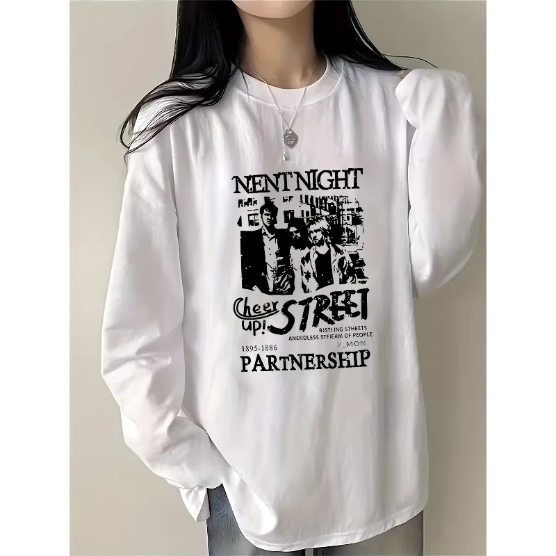 T-shirt imprimé à manches longues pour femme, coupe ample, idéal pour le début de l'automne/du printemps, style tendance