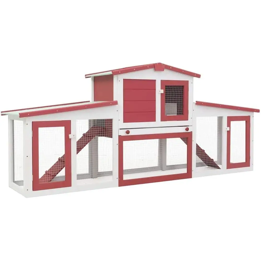 

Red & White Wooden Rabbit Hutch with Run for Small Animals, 80.3L x 17.7W x 33.5H