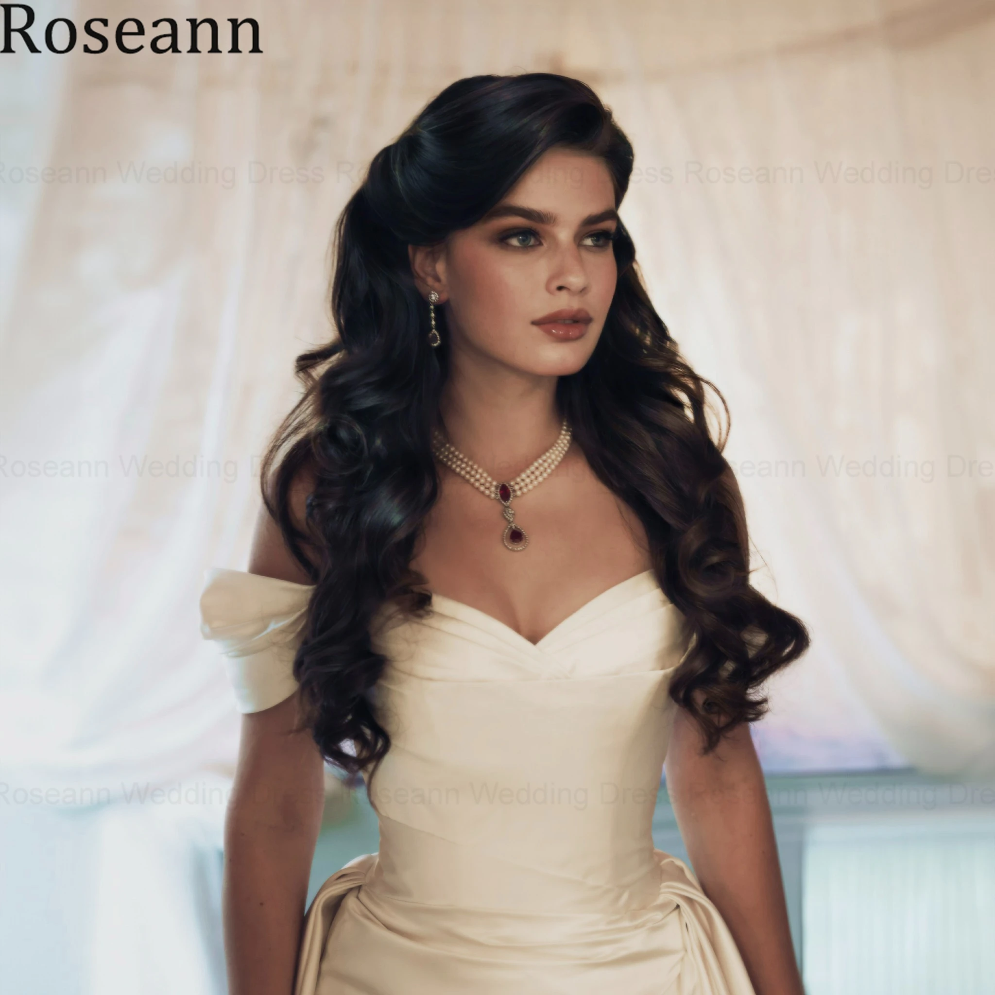 Roseann Wedding Dresses Princess Off Shoulder Satin amanda novias oficial Sweetheart Pleated Sweep Train Bridal Gown Customized