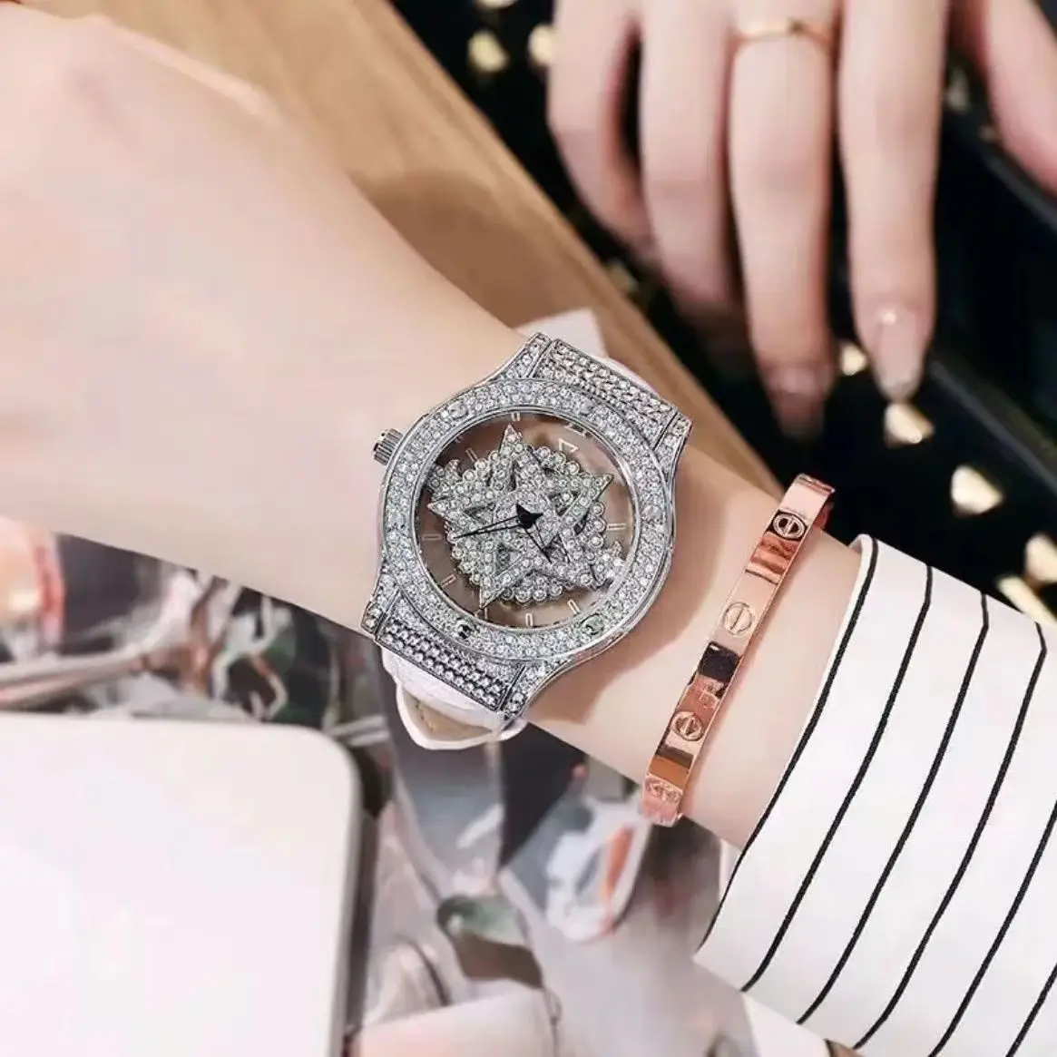 UTHAI L99 Women\'s Watch Wheel 360 ° Rotation Five Star Hollow Full Diamond Luxury Full Sky Star Waterproof Female Clock Watches