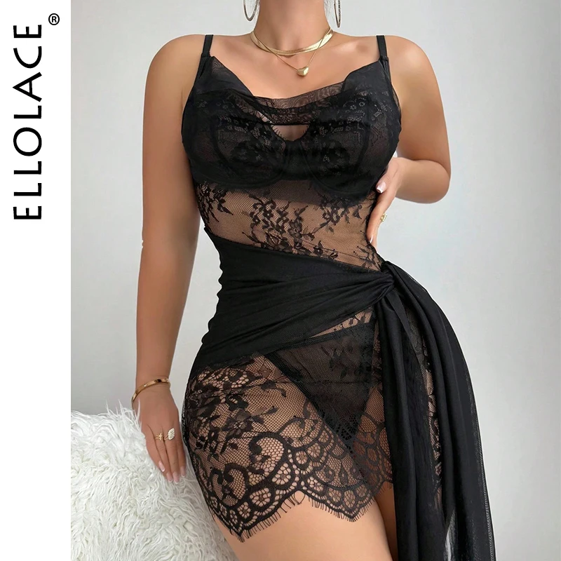 

Ellolace Elegant Woman Clothes Valentine Exceptional Lace Dress Thong 2PC Set Flowing See Through Sexy Intimate Sleep Gown