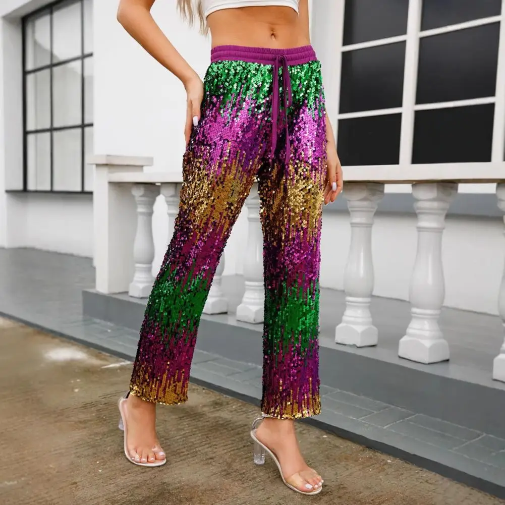

Wide-leg Pants Wide-leg Trousers Shiny Sequins Wide Leg Pants for Women with Elastic Waist Adjustable Drawstring for Vacation