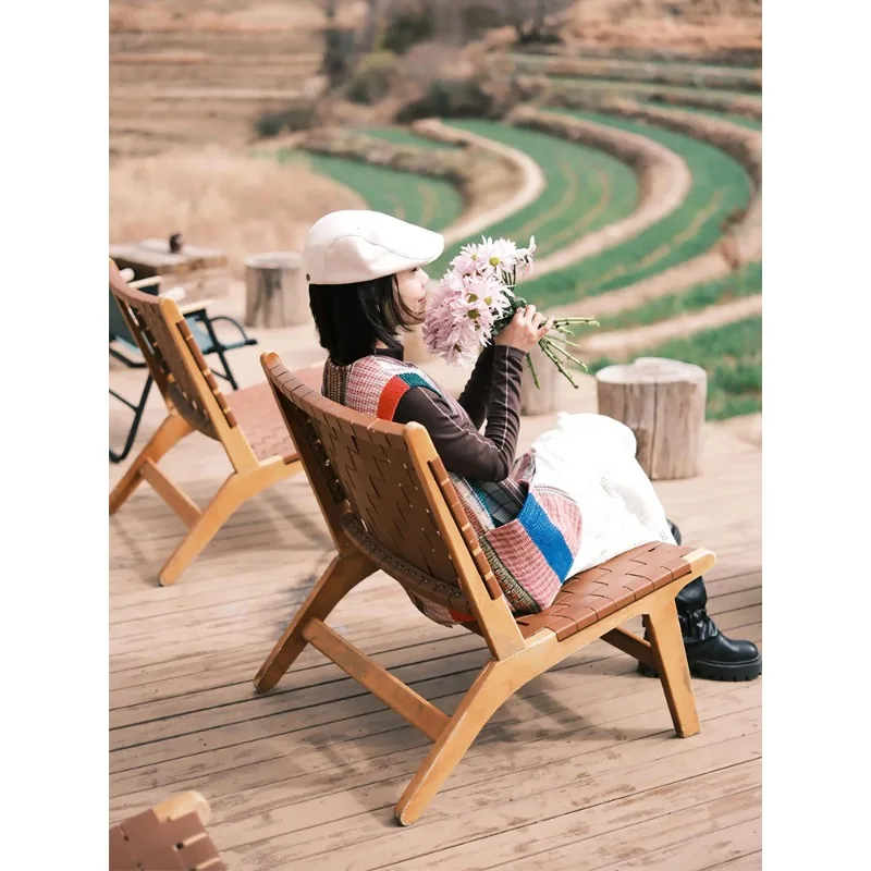 Rattan rope woven solid wood balcony sofa single casual lying small apartment living room outdoor folding bed and breakfast sadd