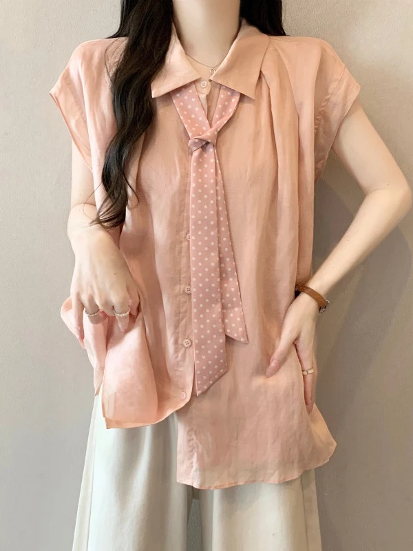 

Thin Pink Polka Dot Tie Shoulder Short Sleeve Women's Shirt Summer New Large Size Beautiful Top Commute Style Korean Loose Fit