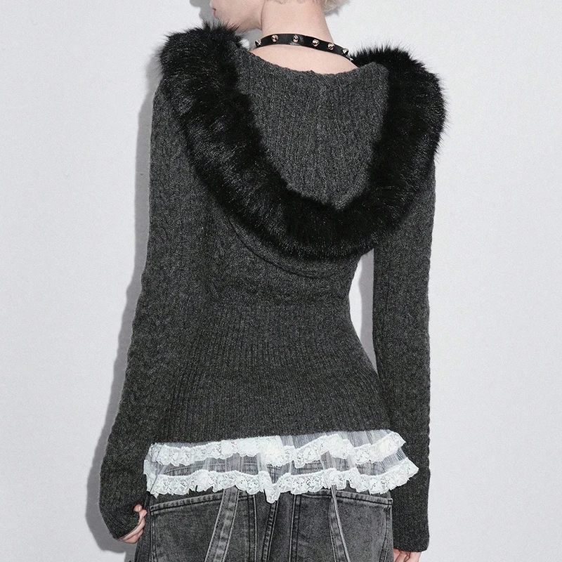سترة محبوكة مزخرفة بياقة من الفرو للسيدات من Tik Tok بأكمام طويلة ومطرزة غير رسمية Y2K للتنقل على الطراز القوطي للفتيات