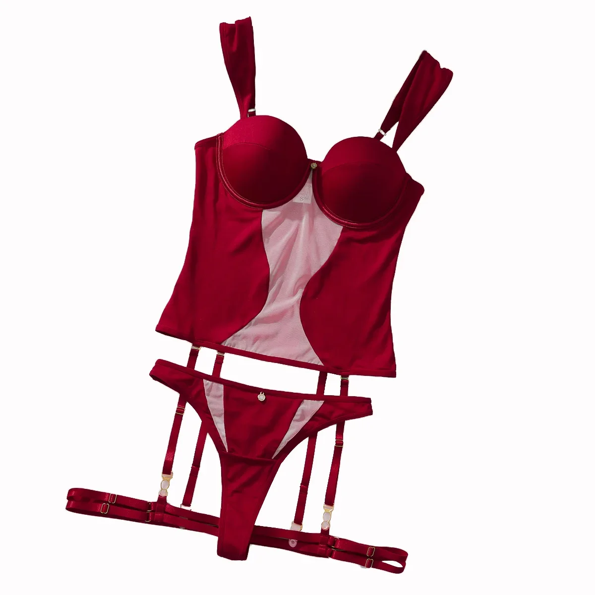 3-teiliges Damen-Dessous-Set, sexy Push-Up-BH, französisches Mesh, atmungsaktiv, Sling-Tops, Burgunderrot, Unterwäsche, BHs und Tanga mit Beinriemen