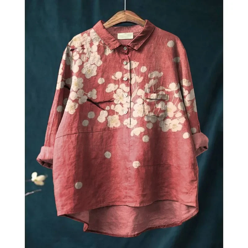 Chemise en mélange de lin imprimé animal pour femmes, chemisiers floraux, col montant, chemises à manches longues, vintage, folklorique indien, art, décontracté, Y