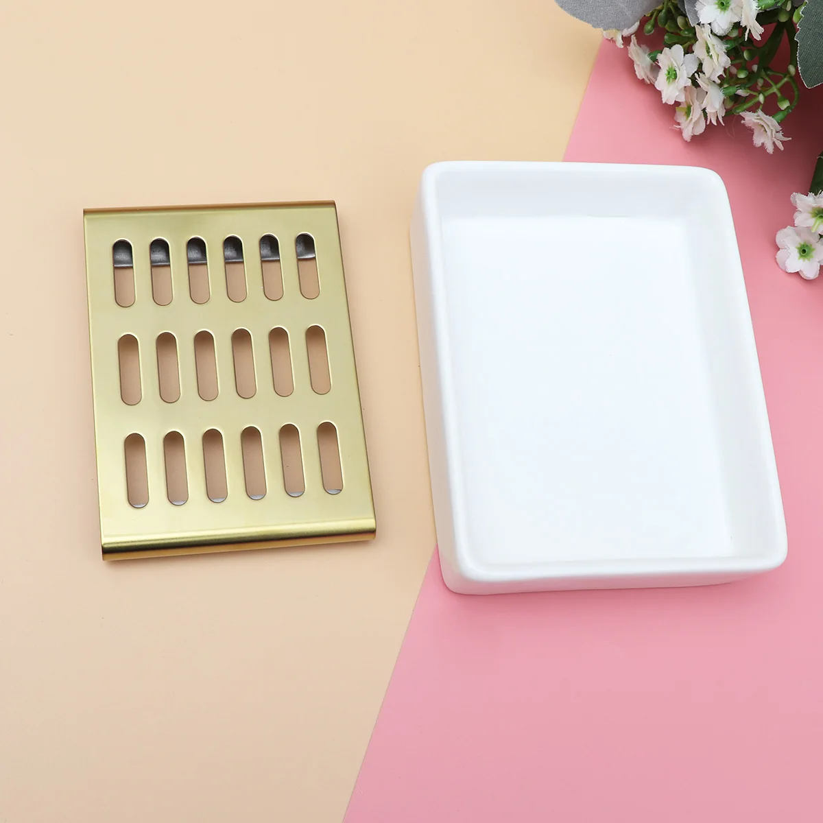 

1Pcs Drainage Soap Box Stainless Steel Ceramic Double Layer Soap Container Rack White Ceramic Golden Steel for Bathroom Kitchen