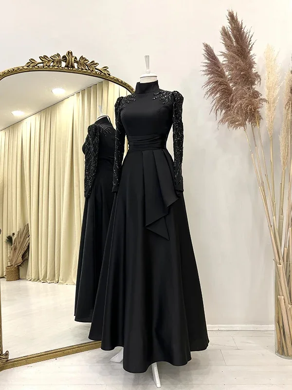 

Long Sleeve A Line Hijab Muslim Evening Dress Islamic Satin Beaded Formal Party Gowns Women Arabic Dubai Robes De Soirée