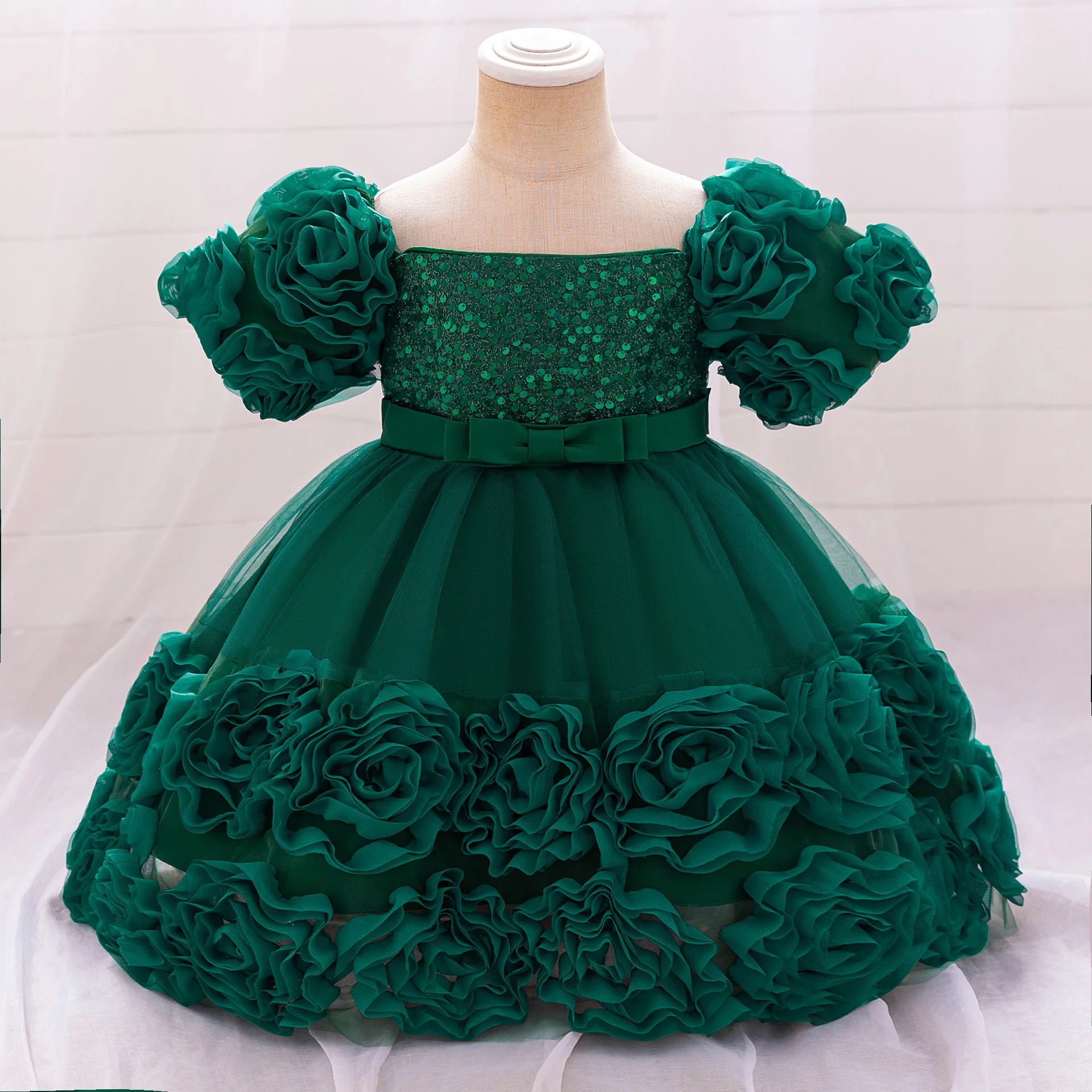 

Baby Girls Puff Sleeves Sequined 3D Flower Girl 1st Birthday Party Pageant Holiday Dress