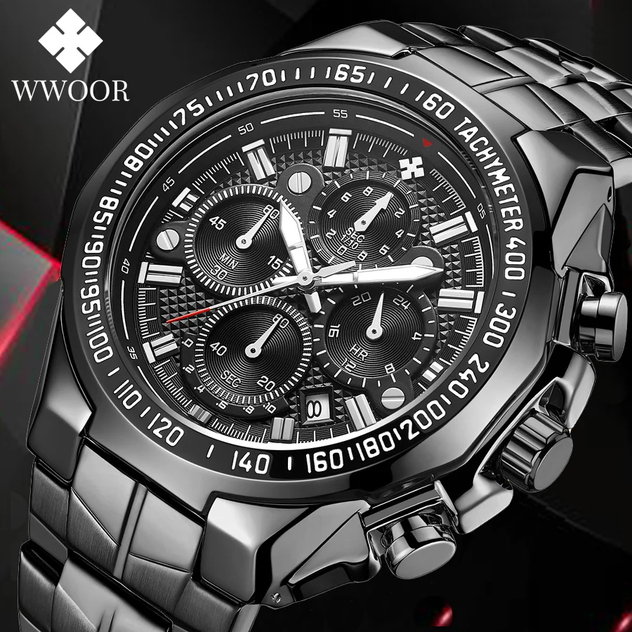 WWOOR New Brand Luxury Watch Men Stainless Steel Sports Men's Watches Military Waterproof Luminous Quartz Chronograph Male Clock