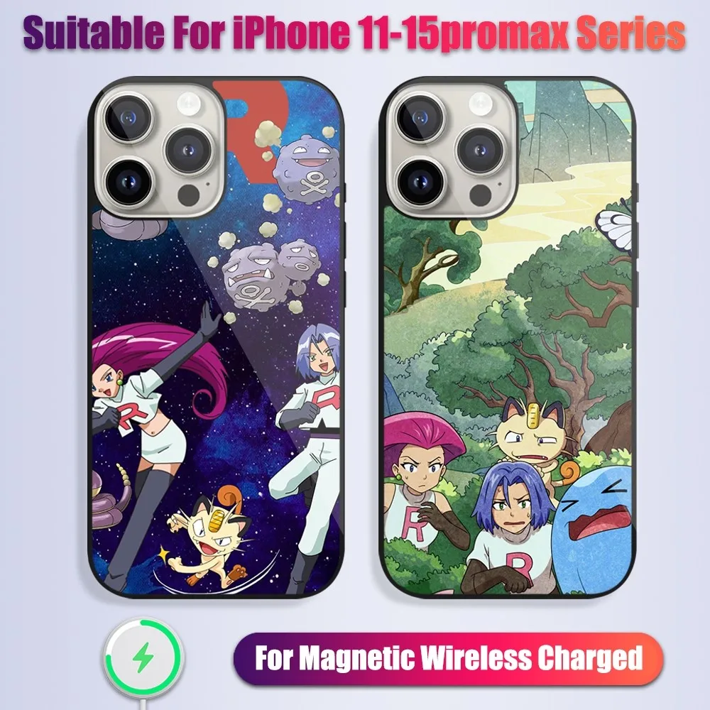 

MINISO Cartoon P-POKEMON Team Rocket Phone Case For iPhone 13 14 15 11 12 Pro Max Plus Glass Charging Magsafe Magnetic Cover