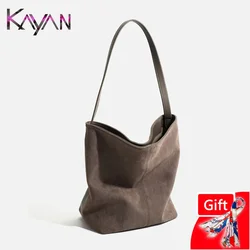 Double-Sided Patchwork Soft Suede Leather Women Underarm Shoulder Bucket Bag Simple Large Capcacity Female Handle Tote Handbag