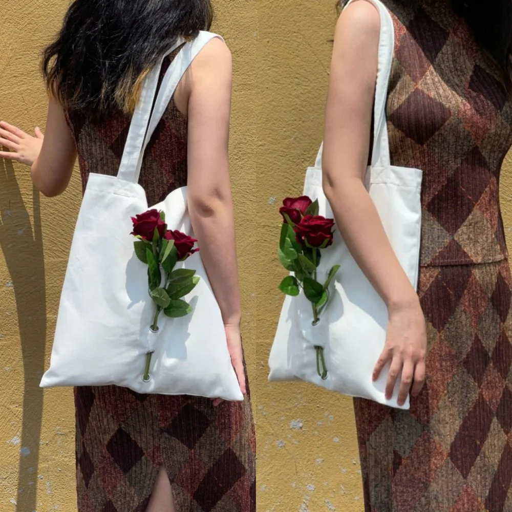 

Холщовая сумка с розами для отпуска, экологически чистая большая вместительная сумка для покупок с букетом, легкая сумка с цветами