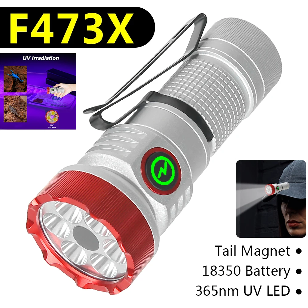 Multifunctional Strong Light Flashlight with 11 Lighting Modes 18350 Rechargeable EDC Flashlight White/Red/Green/Blue/UV Lights