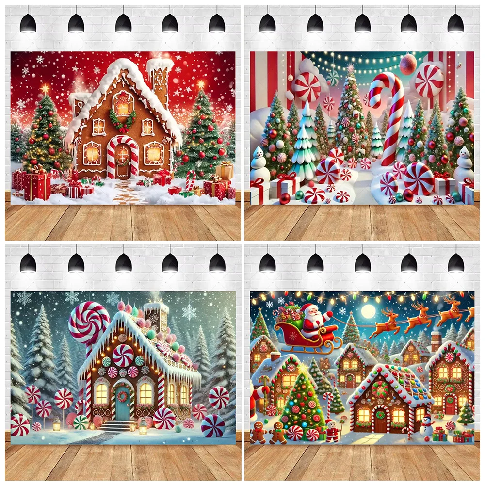 

Gingerbread House Background Xmas Pine Tree Candy Cane Backdrop Supplies New Year Christmas Party Decorations Photo Shoot Props