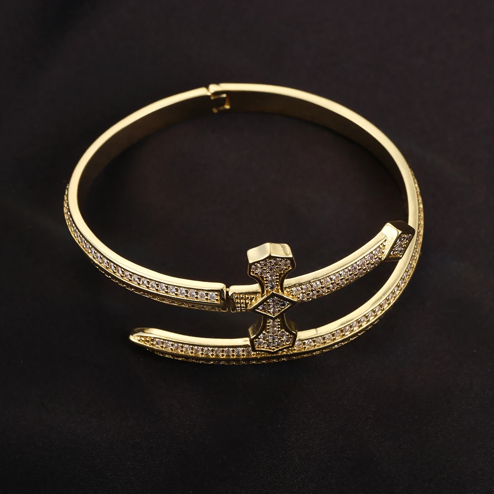 مثلج خارج بلينغ زركون تشيكوسلوفاكيا الصليب السيف سوار للرجال الصبي المفتوحة حجم الذهب اللون سيف العدالة الإسورة الهيب هوب مجوهرات الولايات المتحدة #4