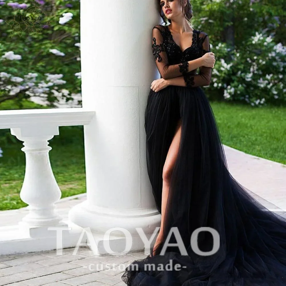 Gothic Black Evening Dress with Long Sleeves V-neck Split Applique Ball Gown Vestidos De Fiesta Dresses Woman Party Night