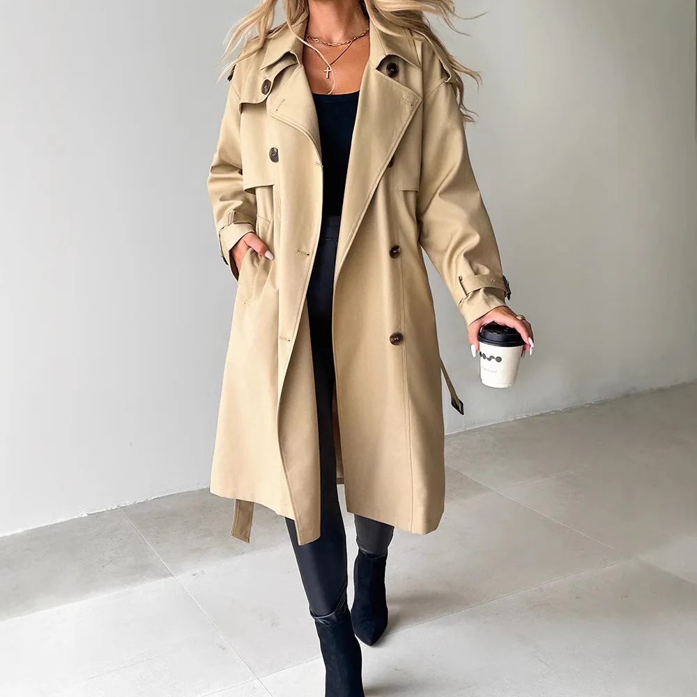 Abrigo de Color sólido de Otoño Invierno para mujer, gabardina palangre con doble botonadura y cuello con muescas