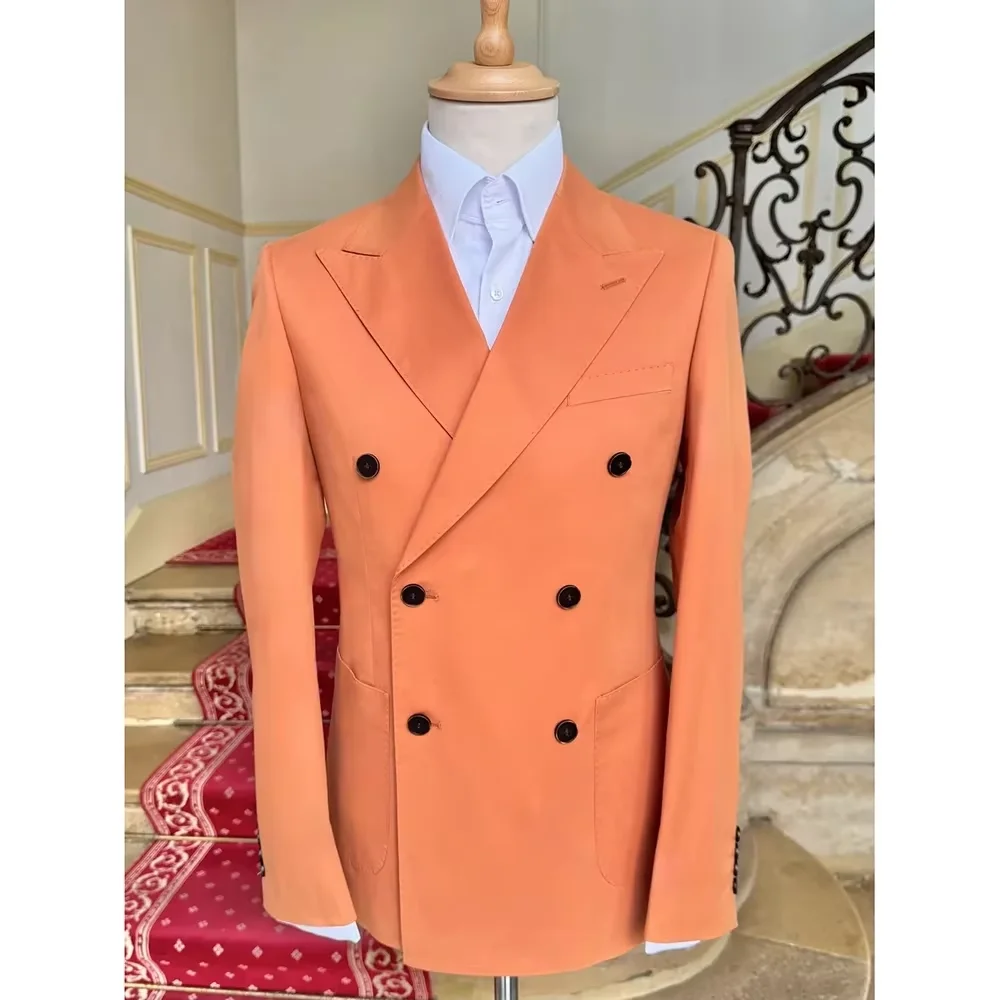 

Double Breasted Orange Men Suits Formal 2 Pcs Peaked Lapel Formal Blazer Trousers Groom Tuxedos Wedding Best Man Custom Outfits