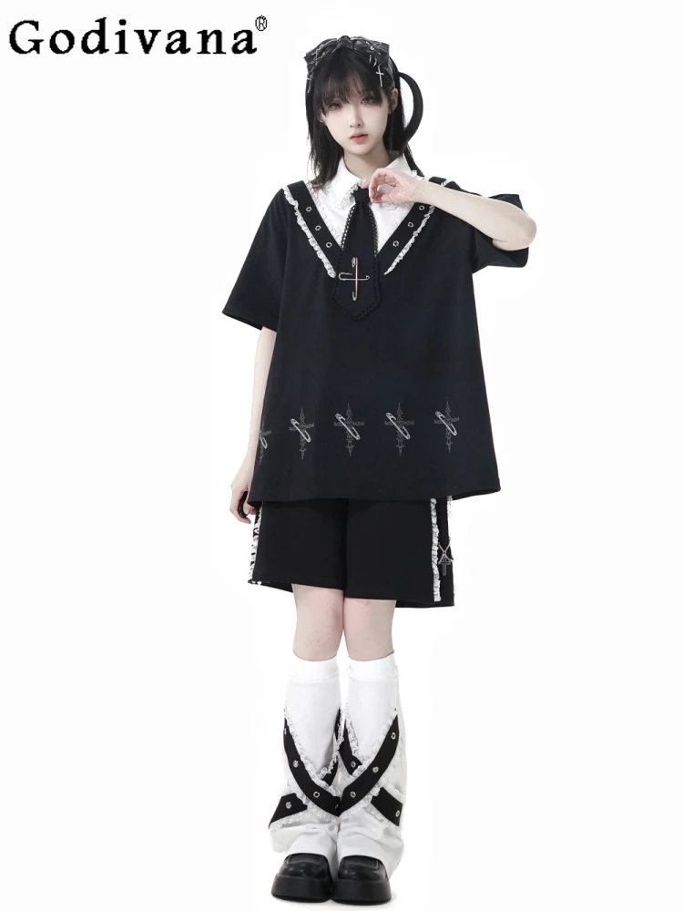 Japanese Girls Kawaii Short Dress Summer 2025 New Student Sweet Cool Cartoon Print Long Hooded T-shirt Shorts 2-piece Streetwear