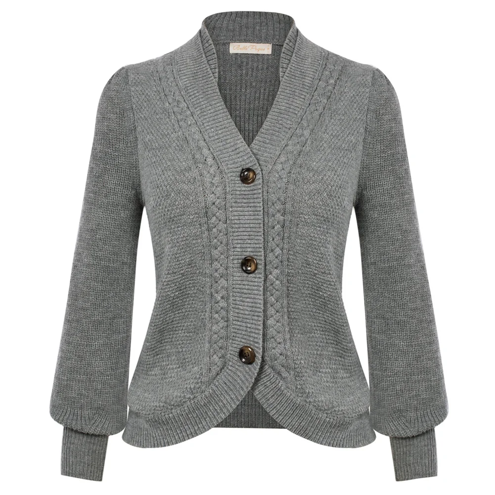 Elle Poque-cárdigan Vintage con dobladillo curvo para mujer, suéter cálido de manga larga con cuello en V y botones, abrigo de otoño e invierno, A30