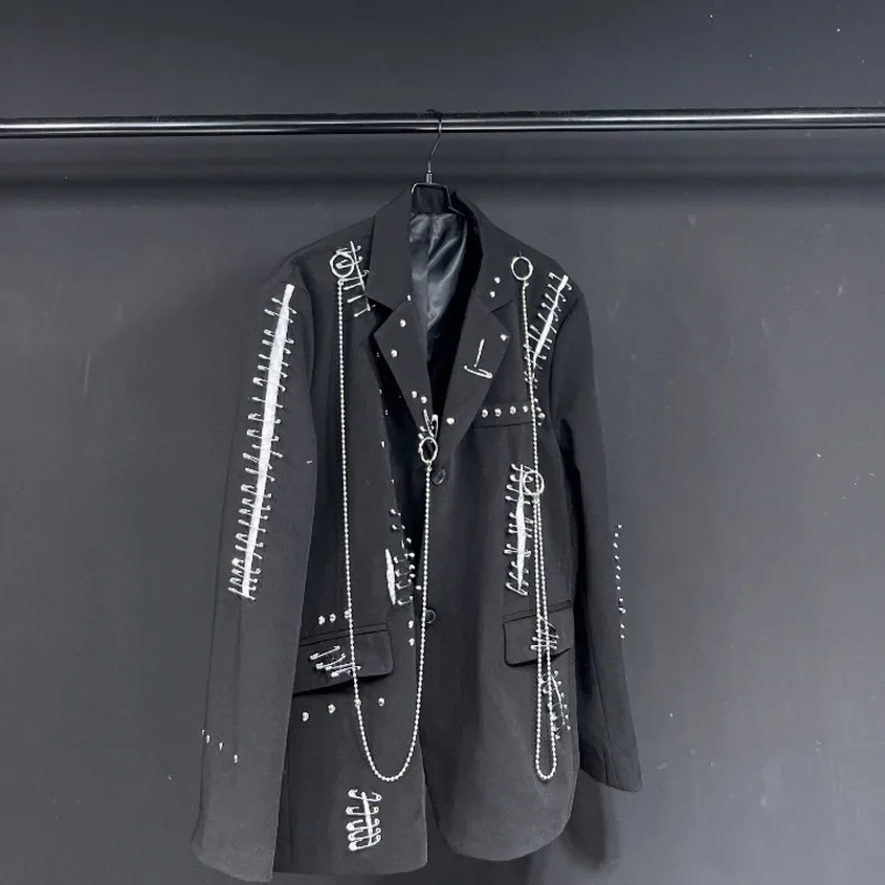 WVGA خريف شتاء جديد رجل المد دمرت المعادن الشرير برشام سلسلة روك البدلة معطف المتخصصة شيك عادية كم طويل السترة Ins W14182