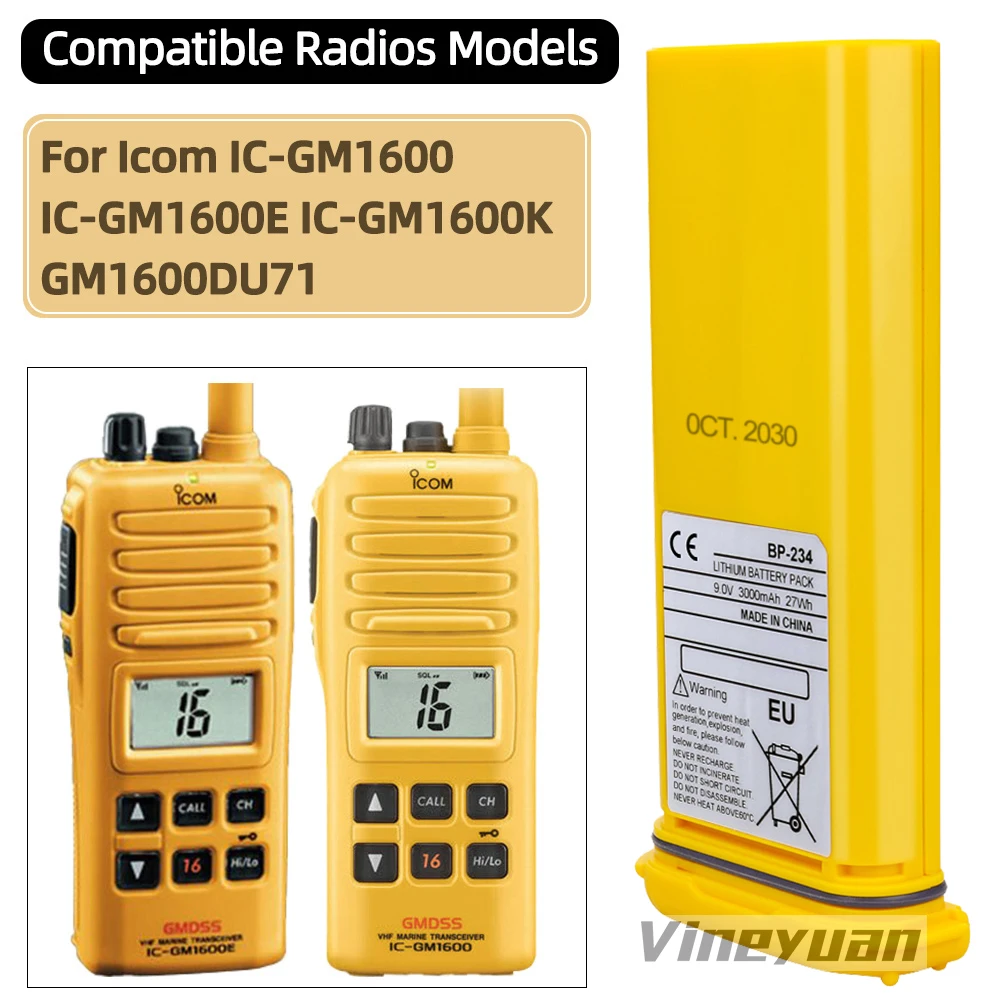 9.0V 3000mAh ICOM BP-234 Replacement Battery for Icom IC-GM1600 IC-GM1600E IC-GM1600K GMDSS Radio Disposable Reserve Battery
