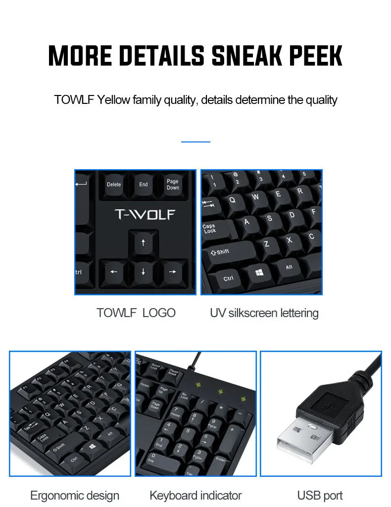 T-wolf TF500 Wired Keyboard and Mouse Combo USB Ergonomic Waterproof 1000 DPI Office Gaming Set for PC Laptop 6
