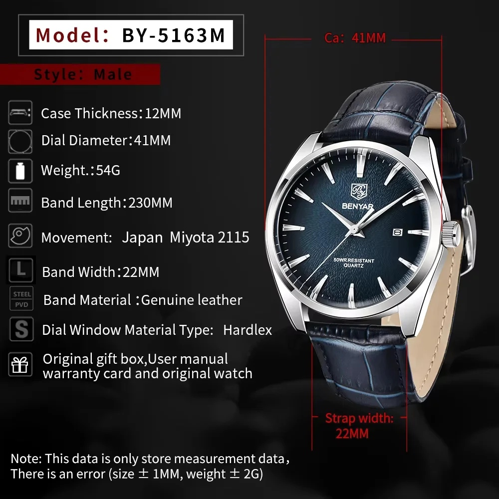 BENYAR Men's Quartz Watch Leather Strap Sports Wristwatch Japan Miyata Movt Waterproof Luminous Watch Reloj Hombr