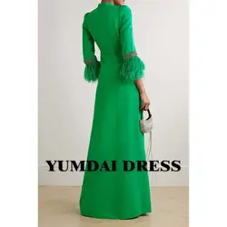 YUMDAI Luxury Dubai Green Beaded Long Sleeve Evening Dress Belt 2024 Elegant Floor Length Feather Dress for Women Wedding Party