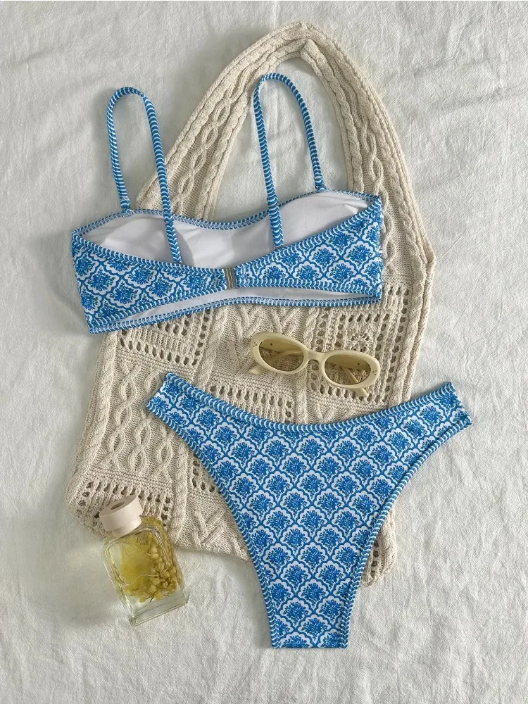 Women Green Floral Pleated Push Up Padded Bandeau Thong Bikini Set 2025 New Summer Beach Swimsuit 2 pieces set for woman