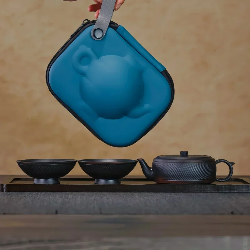 Jianshui clay Hand carving  Kung Fu tea set, one pot, two cups, handmade tea pot, tea cup, outdoor portable set