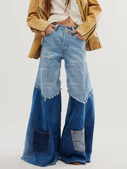 Damskie dżinsy Plus Size Patckwork Pockets Wide Leg Denim Pant Harajuku Casual American Retro Fashion Pockets High Waist Jeans 2025