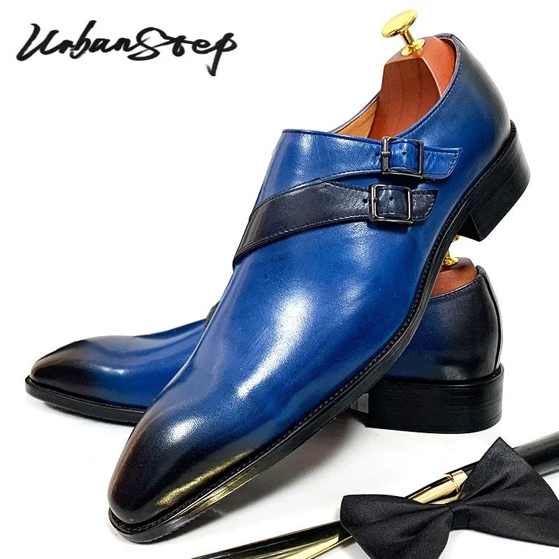 LUXURY MEN'S LOAFERS SLIP ON MONK STRAP SHOES BLUE BLUE CASUAL MENS DRESS SHOES OFFICE BUSINESS WEDDING LEATHER SHOES