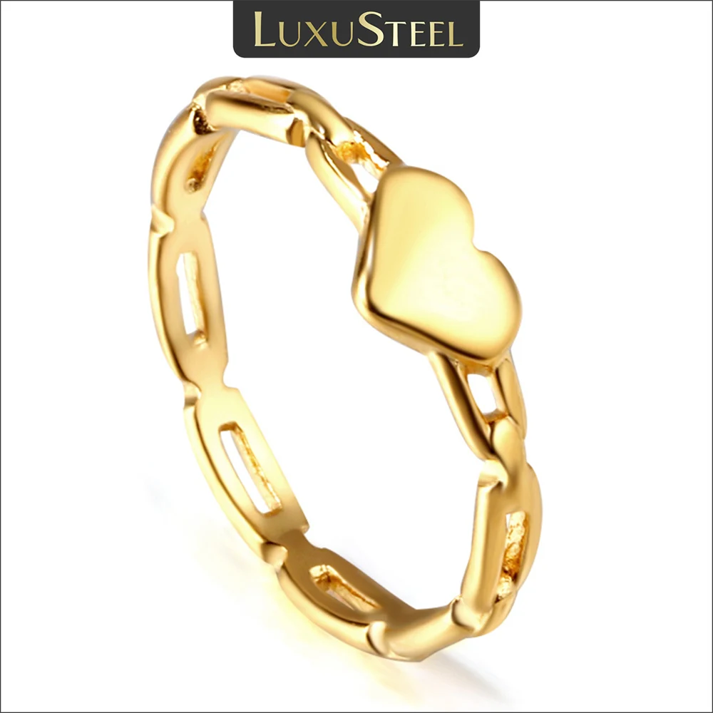 LUXUSTEEL Exquisite Stainless Steel Heart Love Rings for Women Gold Color Rectangle Chain Finger Ring Wedding Jewelry Gifts
