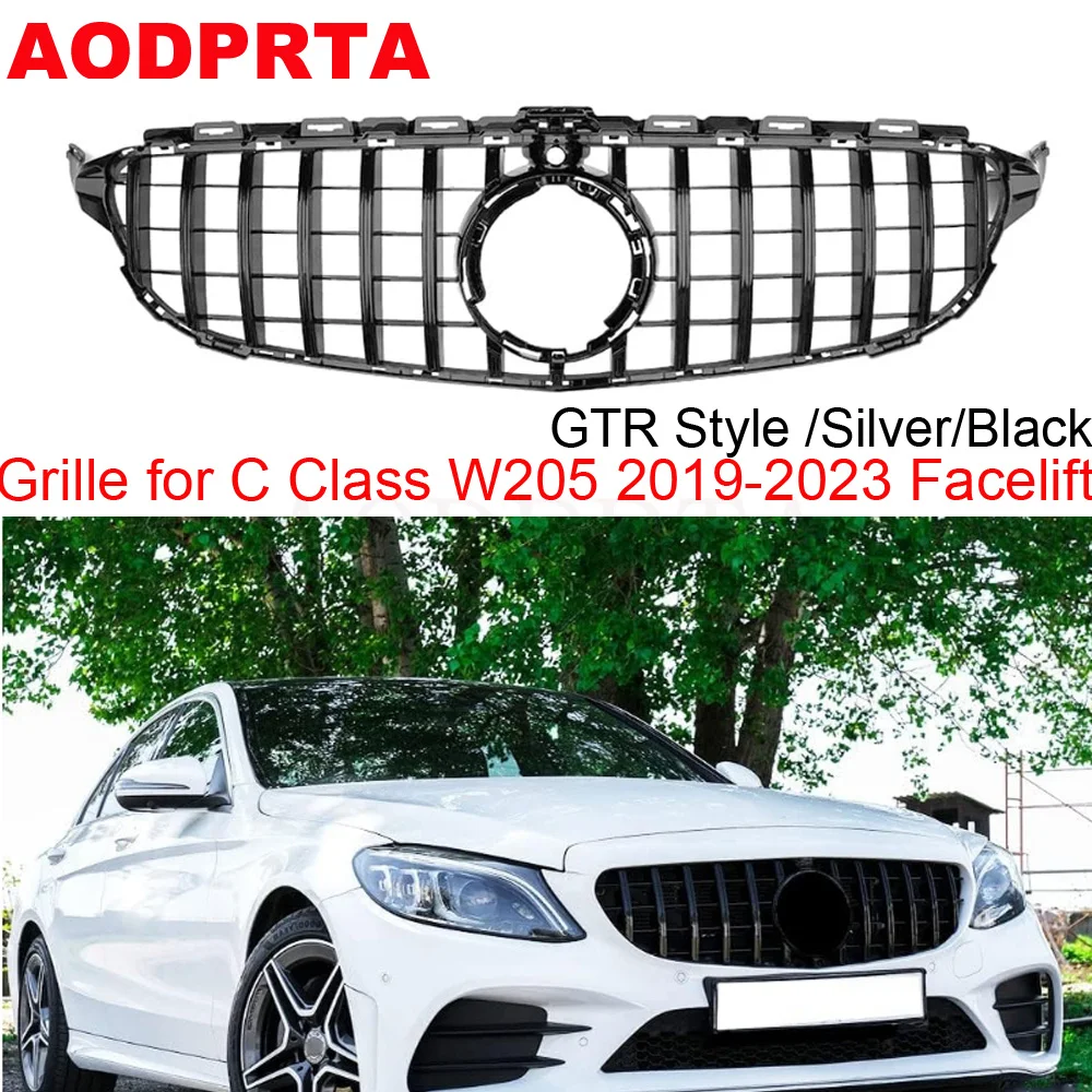 Black GT GTR Panamericana Style Front Bumper Grille Mesh Hood for Mercedes C Class W205 Facelift 2019 2020 2021 2022 Coupe Sedan