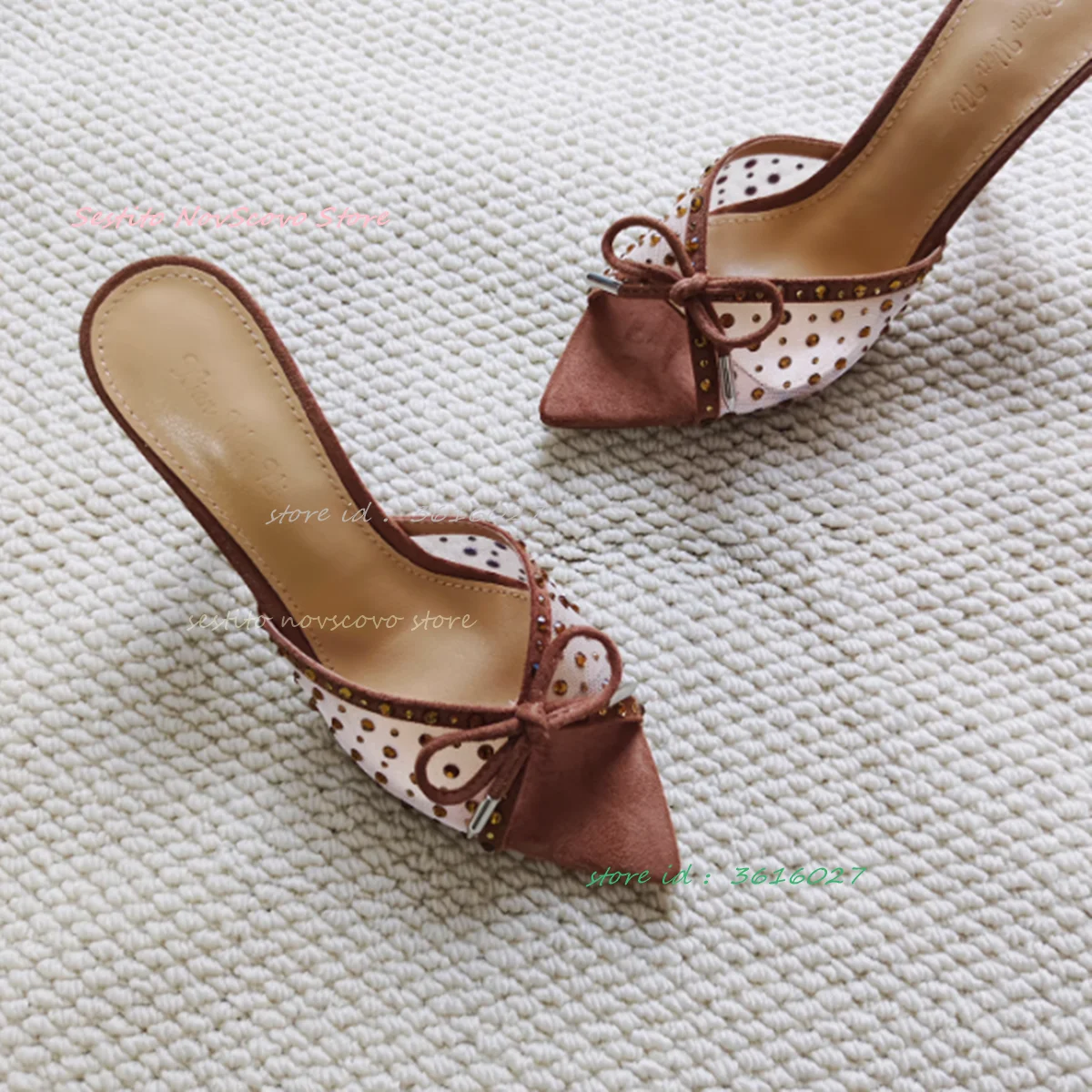 

Pointed Open Toe Sandals Mesh Decor with Rhinestone Bow Slip On High Heels Mules Sexy Women Dress Party Daily Causal Single Shoe